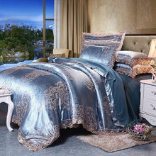 将图片加载到图库查看器,Fateena Silver Brown Luxury Satin Cotton Lace Duvet Cover Set