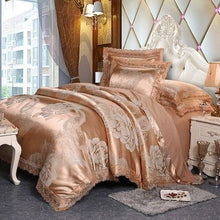 将图片加载到图库查看器,Fateena Silver Brown Luxury Satin Cotton Lace Duvet Cover Set
