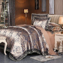 将图片加载到图库查看器,Fateena Silver Brown Luxury Satin Cotton Lace Duvet Cover Set