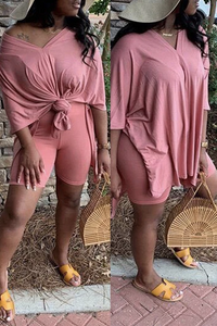 V-Neck Solid Color Knotted Two Piece Sets