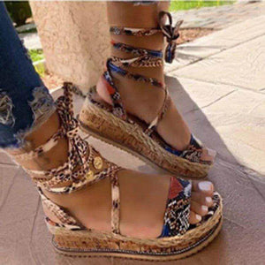 CULTURAL OPEN TOE LACE-UP PLATFORM SANDALS