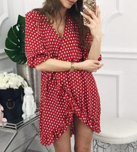 将图片加载到图库查看器，WOMEN SHORT DRESS RUFFLES PRINT POLKA DOT SEXY BODYCON BEACH HALF SLEEVE SUMMER PARTY MINI DRESSES
