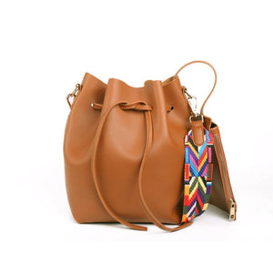 WOMEN BAG WITH COLORFUL STRAP BUCKET BAG WOMEN PU LEATHER SHOULDER BAGS CROSSBODY MESSENGER BAGS