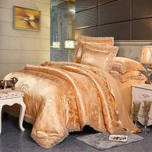 将图片加载到图库查看器，Fateena Silver Brown Luxury Satin Cotton Lace Duvet Cover Set
