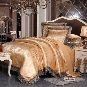 Fateena Silver Brown Luxury Satin Cotton Lace Duvet Cover Set