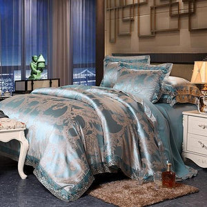 Fateena Silver Brown Luxury Satin Cotton Lace Duvet Cover Set