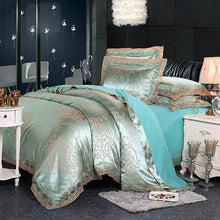 将图片加载到图库查看器，Fateena Silver Brown Luxury Satin Cotton Lace Duvet Cover Set
