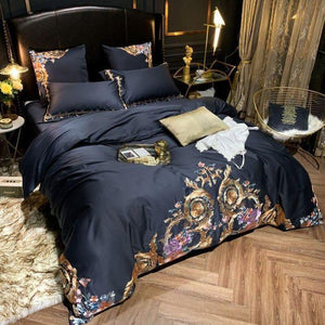 Leroux Black Egyptian Cotton Premium Embroidery Duvet Cover Set