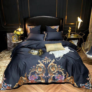 Leroux Black Egyptian Cotton Premium Embroidery Duvet Cover Set