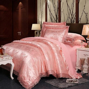 Fateena Silver Brown Luxury Satin Cotton Lace Duvet Cover Set