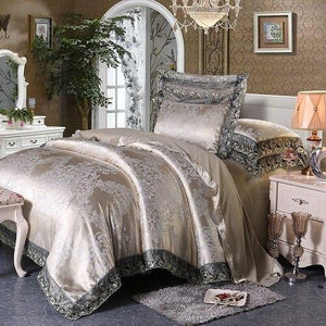 Fateena Silver Brown Luxury Satin Cotton Lace Duvet Cover Set