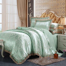 将图片加载到图库查看器，Fateena Silver Brown Luxury Satin Cotton Lace Duvet Cover Set
