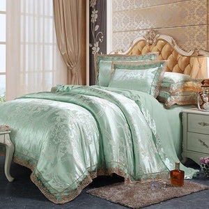 Fateena Silver Brown Luxury Satin Cotton Lace Duvet Cover Set