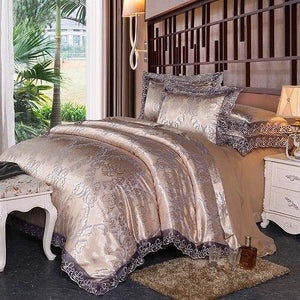 Fateena Silver Brown Luxury Satin Cotton Lace Duvet Cover Set