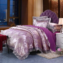 将图片加载到图库查看器，Fateena Silver Brown Luxury Satin Cotton Lace Duvet Cover Set
