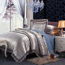 将图片加载到图库查看器，Fateena Silver Brown Luxury Satin Cotton Lace Duvet Cover Set
