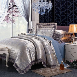 Fateena Silver Brown Luxury Satin Cotton Lace Duvet Cover Set