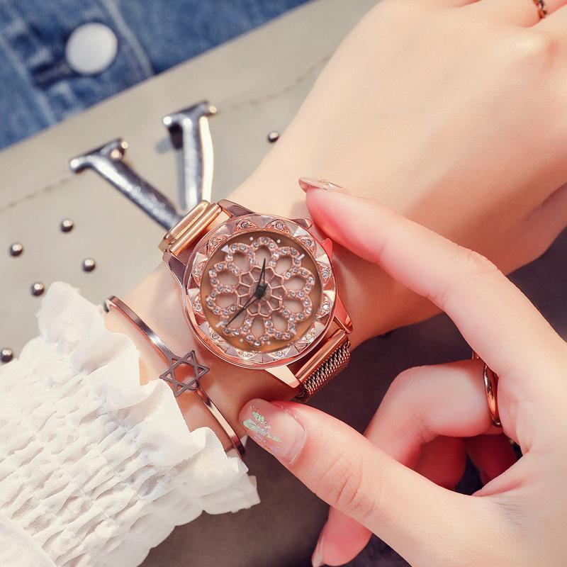 Lady lucky rose gold revolving flower Watch