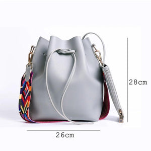 WOMEN BAG WITH COLORFUL STRAP BUCKET BAG WOMEN PU LEATHER SHOULDER BAGS CROSSBODY MESSENGER BAGS