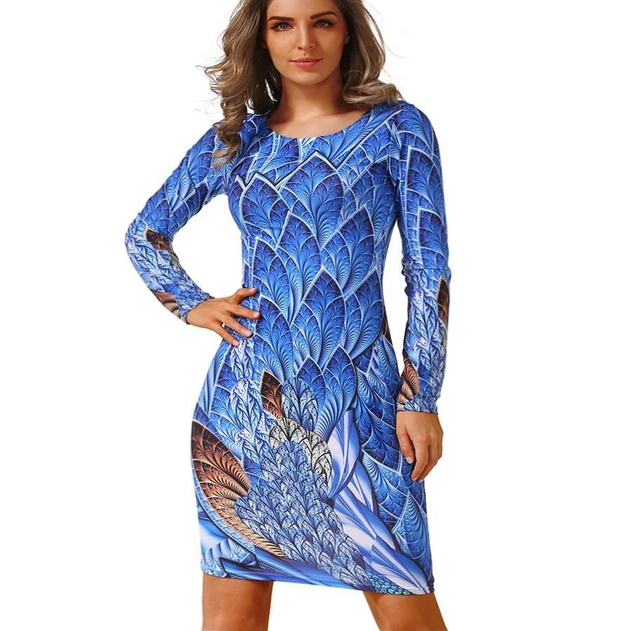 AUTUMN LONG-SLEEVED DRESSES SLIM O-NECK RETRO PRINT WOMEN DRESS CASUAL DRESSES