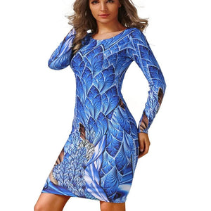 AUTUMN LONG-SLEEVED DRESSES SLIM O-NECK RETRO PRINT WOMEN DRESS CASUAL DRESSES