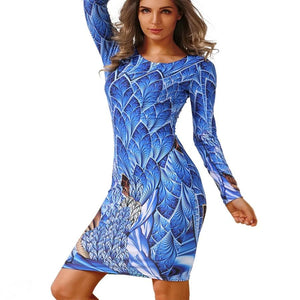 AUTUMN LONG-SLEEVED DRESSES SLIM O-NECK RETRO PRINT WOMEN DRESS CASUAL DRESSES