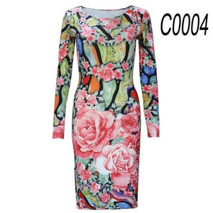 AUTUMN LONG-SLEEVED DRESSES SLIM O-NECK RETRO PRINT WOMEN DRESS CASUAL DRESSES