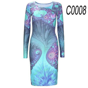 AUTUMN LONG-SLEEVED DRESSES SLIM O-NECK RETRO PRINT WOMEN DRESS CASUAL DRESSES