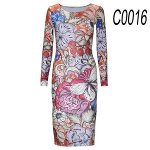 AUTUMN LONG-SLEEVED DRESSES SLIM O-NECK RETRO PRINT WOMEN DRESS CASUAL DRESSES