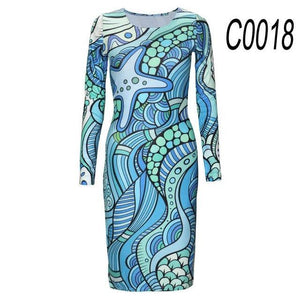 AUTUMN LONG-SLEEVED DRESSES SLIM O-NECK RETRO PRINT WOMEN DRESS CASUAL DRESSES