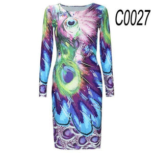 AUTUMN LONG-SLEEVED DRESSES SLIM O-NECK RETRO PRINT WOMEN DRESS CASUAL DRESSES