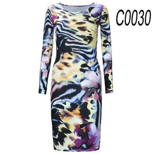 AUTUMN LONG-SLEEVED DRESSES SLIM O-NECK RETRO PRINT WOMEN DRESS CASUAL DRESSES