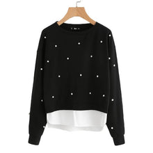 将图片加载到图库查看器，SWEATSHIRT WOMAN PEARL BEADING 2 IN 1 SWEATSHIRT AUTUMN WOMEN SWEATSHIRT BLACK LONG SLEEVE ELEGANT PULLOVERS
