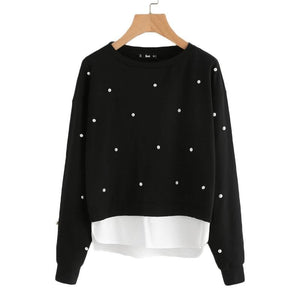 SWEATSHIRT WOMAN PEARL BEADING 2 IN 1 SWEATSHIRT AUTUMN WOMEN SWEATSHIRT BLACK LONG SLEEVE ELEGANT PULLOVERS