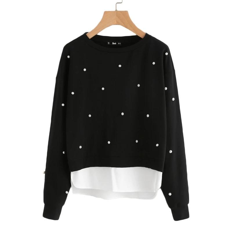 SWEATSHIRT WOMAN PEARL BEADING 2 IN 1 SWEATSHIRT AUTUMN WOMEN SWEATSHIRT BLACK LONG SLEEVE ELEGANT PULLOVERS