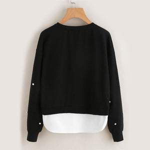 SWEATSHIRT WOMAN PEARL BEADING 2 IN 1 SWEATSHIRT AUTUMN WOMEN SWEATSHIRT BLACK LONG SLEEVE ELEGANT PULLOVERS