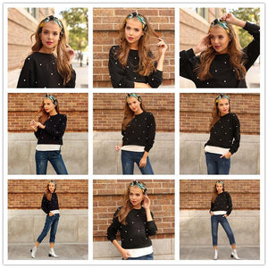 SWEATSHIRT WOMAN PEARL BEADING 2 IN 1 SWEATSHIRT AUTUMN WOMEN SWEATSHIRT BLACK LONG SLEEVE ELEGANT PULLOVERS