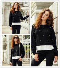 将图片加载到图库查看器，SWEATSHIRT WOMAN PEARL BEADING 2 IN 1 SWEATSHIRT AUTUMN WOMEN SWEATSHIRT BLACK LONG SLEEVE ELEGANT PULLOVERS
