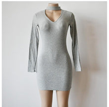 将图片加载到图库查看器，AUTUMN WINTER WOMEN DRESS HALTER V-NECK SEXY LONG SLEEVE KNIT SLIM DRESSES BODYCON SHEATH MINI LENGTH DRESSES
