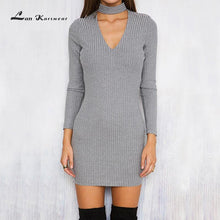 将图片加载到图库查看器，AUTUMN WINTER WOMEN DRESS HALTER V-NECK SEXY LONG SLEEVE KNIT SLIM DRESSES BODYCON SHEATH MINI LENGTH DRESSES
