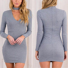 将图片加载到图库查看器，AUTUMN WINTER WOMEN DRESS HALTER V-NECK SEXY LONG SLEEVE KNIT SLIM DRESSES BODYCON SHEATH MINI LENGTH DRESSES
